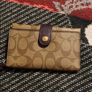 Brown C Signature & purple phone clutch